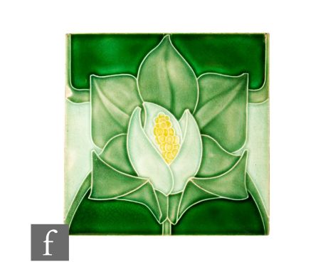 A C F A Voysey for Pilkington's 6 inch dust pressed Arts and Crafts tile, circa 1902, stylised water lily design, relief moul