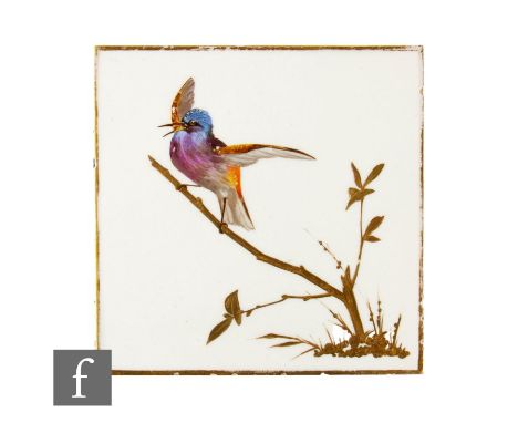 A 19th Century Mintons China Works 6 inch dust pressed tile, hand painted with a stylised multicoloured bird perched on a gil