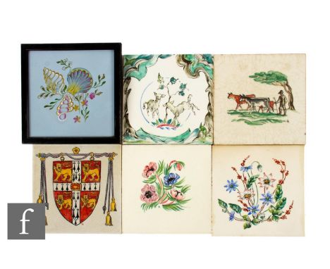 A collection of 20th Century 6 inch dust pressed tiles, painted by Packard &amp; Ord on factory blanks, including three Pilki