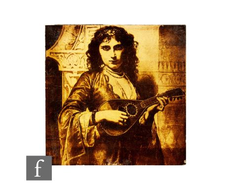 A 19th Century Pilkington's 6 inch dust pressed photographic tile, sepia printed over black ground, decorated with a Spanish 