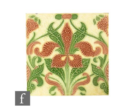 A 19th Century Pilkington's 6 inch dust pressed tile decorated with faux tube line decoration of a flag iris and fruit picked