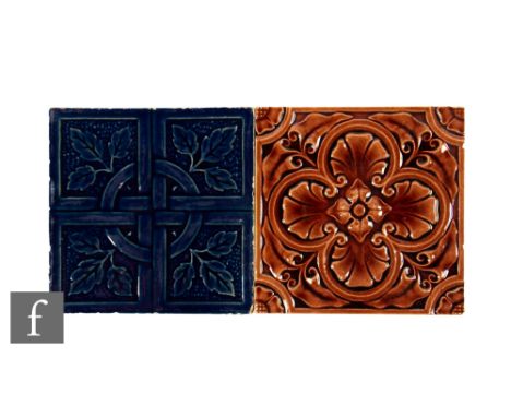 A late 19th Century Burmantofts 6 inch plastic clay tile, relief moulded with an interwoven trellis and leaf design picked ou
