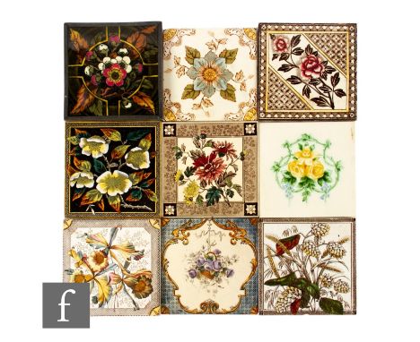 A collection of late 19th Century dust pressed 6 inch tiles, each with printed floral decoration, to include a Wedgwood examp