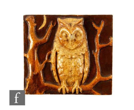 A later 19th Century Gibbs &amp; Canning 5 inch stoneware tile, heavily relief moulded with a stylised owl perched on a branc