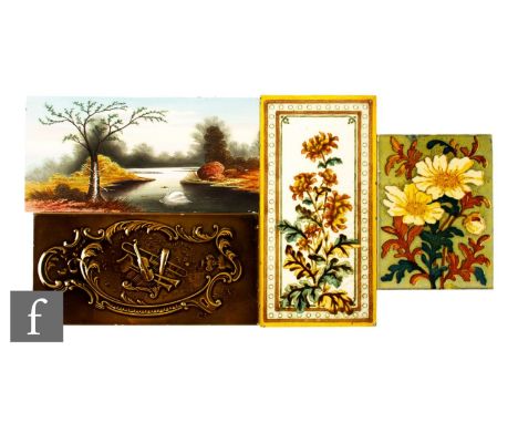 A 19th Century Derwent Foundry Co 6 inch x 8 inch dust pressed tile, transfer printed with stylised flowers and foliage, toge