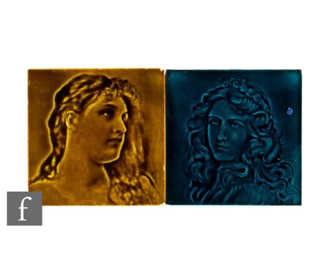 An early 20th Century George Woolliscroft &amp; Sons 6 inch dust pressed tile, relief moulded with a portrait of a girl with 