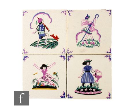 A set of four 20th Century Carters (Poole Pottery), 5 inch dust pressed tiles, painted in tonal blue, purple and black pastel