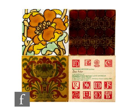 A 20th Century Pilkington's 6 inch dust pressed tile, hand painted with a design by Lewis F. Day, with a large stylised flowe
