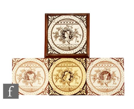 A set of four 19th Century Malkin Edge &amp; Co 6 inch dust pressed tiles, sepia line transfer printed with a small portrait 