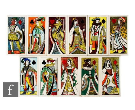 A collection of post war Carter dust pressed tiles, printed and painted with stylised playing card figures after designs by J