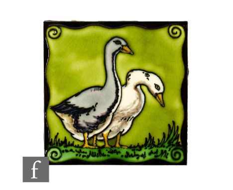 A 20th Century Pilkington's Tiles 6 inch dust pressed tile, tube lined and painted decoration attributed to Edmund Kent, depi