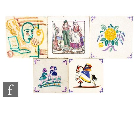 A collection of assorted 20th Century dust pressed tiles, to include two 5 inch hand painted Carter &amp; Co (Poole) Nursery 