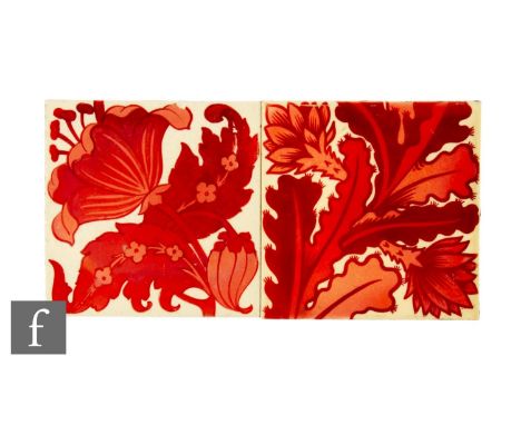 A 19th Century Craven Dunnill 6 inch dust pressed tile tonal red lustre over white ground decorated with flower heads and scr