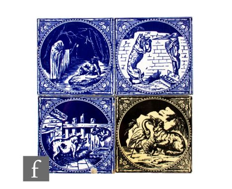 Three 19th Century Minton Hollins &amp; Co 6 inch dust pressed tiles, from a series of twelve Aesop's Fables, blue transfer p
