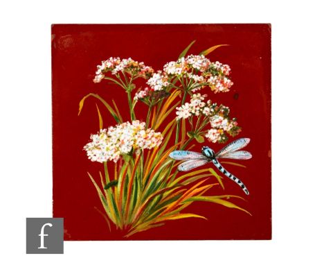 A 19th Century Minton Hollins &amp; Co 6 inch dust pressed terracotta tile, hand enamelled with a dragonfly and cow parsley o
