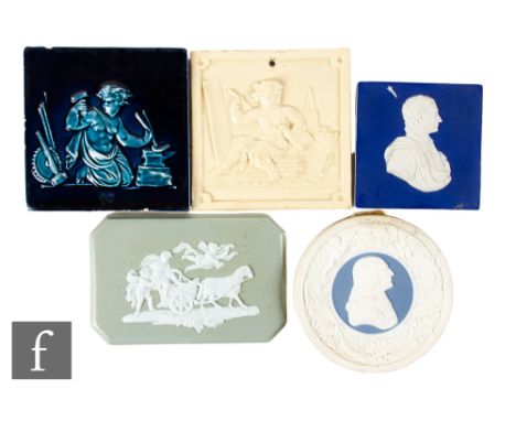 Five 19th Century figurative and portrait tiles, including a Copeland &amp; Garrett Late Spode sprig moulded portrait tile on