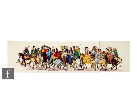 A set of four 20th Century Davincourt Industries dust pressed 6 inch tiles, forming a panel depicting the Canterbury Pilgrims