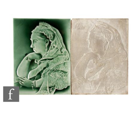 An early 20th Century George Wolliscroft &amp; Co dust pressed Emaux Ombrants portrait tile of Queen Victoria in a celadon ja