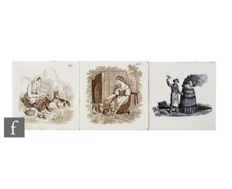 Two Minton's dust pressed 6 inch tiles, each transfer printed in brown underglaze with scenes depicting rural life, the first