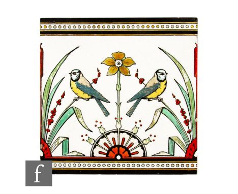 A 19th Century Minton's China Works 8 inch dust pressed tile designed by Dr Christopher Dresser, printed in black with birds 