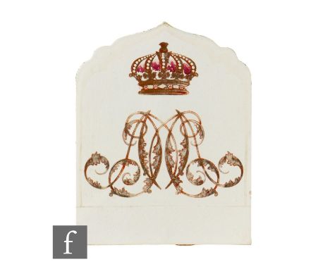 A 19th Century shield shaped plastic clay tile in the manner of Copeland, the front hand enamelled and gilded with an interla