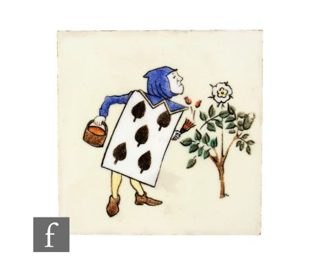 A 20th Century H &amp; R Johnson Ltd 6 inch dust pressed tile, painted in underglaze with an illustration from Alice in Wonde
