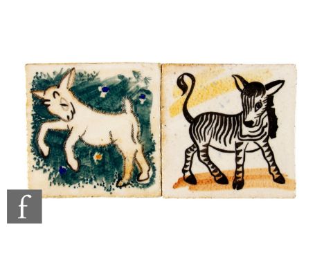 Two four inch tiles attributed to Honiton Pottery, each hand painted underglaze, the first with a goat, the other with a zebr