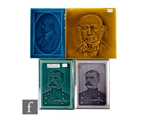 A pair of early 20th Century Carters of Poole&nbsp;Emaux Ombrants tiles relief moulded with a portrait of Lord Kitchener take