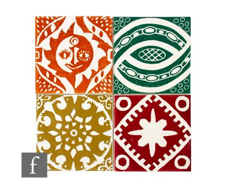 A set of four Carter Tiles (Poole Pottery) dust pressed 6 inch tiles designed by Peggy Angus circa 1950-1955, to include a Su