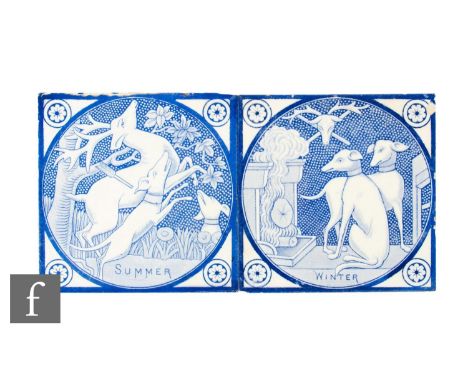 A pair of 19th Century T &amp; R Boote 6 inch dust pressed tiles, from the Four Seasons series (attributed), blue transfer pr