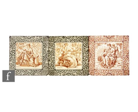 A 19th Century T &amp; R Boote 6 inch dust pressed tile, with red transfer printed decoration depicting a seated figure holdi