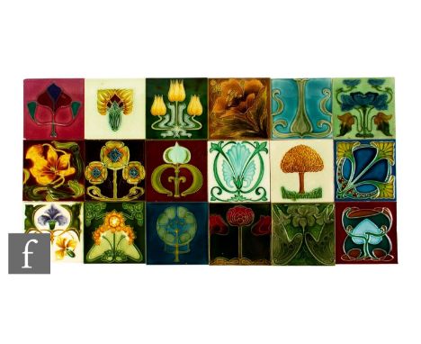 A collection of 19th Century 6 inch dust pressed floral embossed and faux tube lined tiles, Art Nouveau stylised floral desig