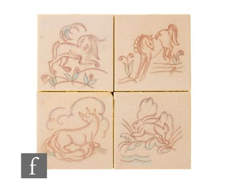 A set of four Malkin Edge &amp; Co Tiles dust pressed 4 inch tiles, circa 1956-1957,&nbsp;painted by Leonard Gladstone King w