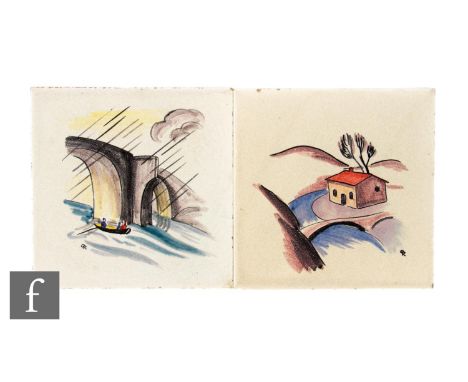 Two 20th Century Packard &amp; Ord Ltd 6 inch dust pressed tiles, both from an unknown series with hand painted decoration on