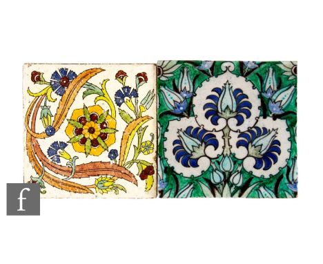 Two 19th Century Anglo-Persian 6 inch plastic clay tiles, including a hand painted tile, blue and green tones with black deta