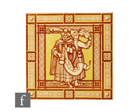 A 19th Century Steele &amp; Wood 8 inch dust pressed tile, brown transfer printed over pale lemon ground, decorated with medi