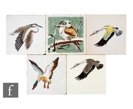 A collection of five 20th Century Dunsmore 6 inch dust pressed tiles, stencilled and painted on white ground, four decorated 