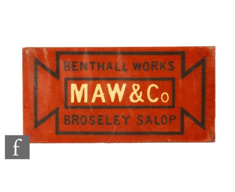 A 19th Century Maw &amp; Co encaustic advertising tile, in red/brown clay with 'Maw &amp; Co Benthall Works Brosekey Salop' i