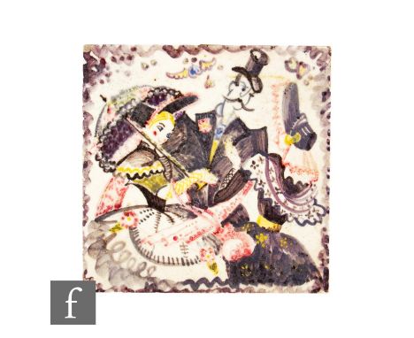 A 20th Century Carter England (Poole Pottery) 6 inch dust pressed tile, handpainted decoration over white ground, depicting f