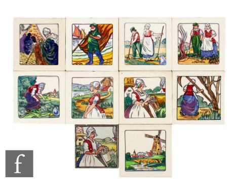 A collection of nine Carter England (Poole Pottery) 6 inch dust pressed tiles, from the Coloured Dutch series designed by Jos