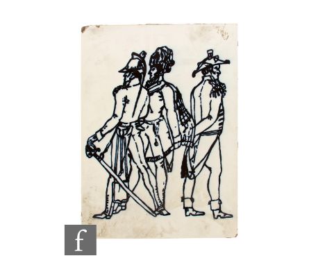 A large unmarked plastic clay architectural plastic clay tile panel, hand decorated in under glaze blue with three military f