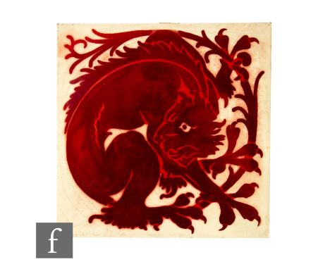 A 19th Century Maw &amp; Co 6 inch dust pressed tile decorated in ruby lustre with a curled grotesque dragon creature after d