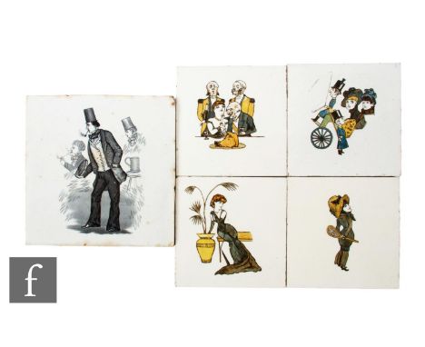 A set of four 19th Century Mintons China Works 6 inch dust pressed tiles, each later hand enamelled with Victorian characters
