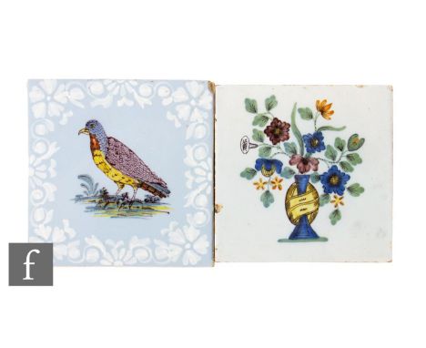 An 18th Century English Bristol Delft tile circa 1760, decorated with a bird of prey over a pale blue glazed ground with bian