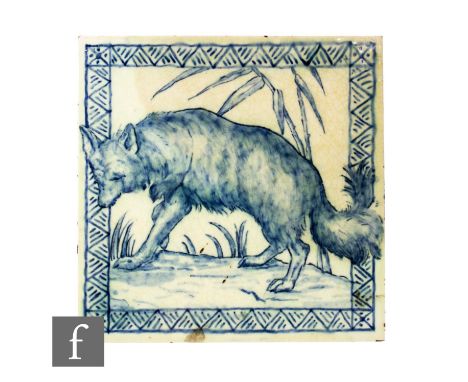 A 19th Century Mintons Kensington Gore 8 inch dust pressed tile, blue painted decoration over white ground, depicting a wolf 