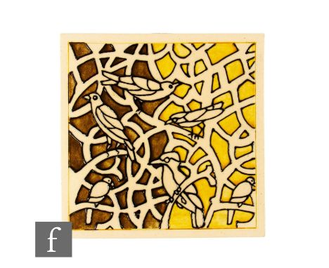 A contemporary Dennis China Works 6 inch dust pressed trial tile, with a stylised black tube lined decoration by Sally Tuffin