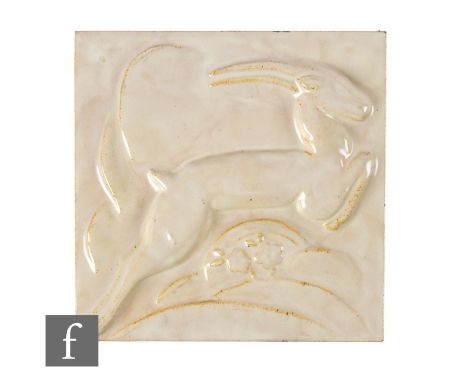 A 20th Century R. T. Ltd (attributed to Richards Tiles Ltd) 6 inch dust pressed tile, with relief moulded decoration depictin
