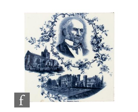 A 19th Century Minton Hollins &amp; Co 8 inch dust pressed tile, blue transfer printed over white ground, depicting William E