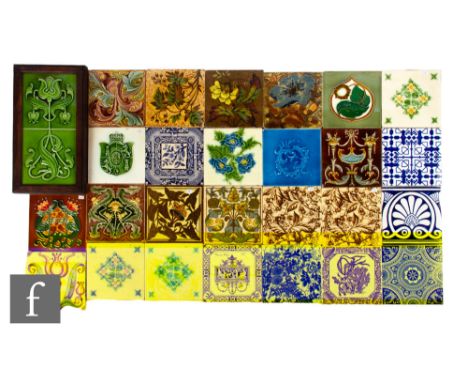 A quantity of 19th Century 6 inch dust pressed floral patterned tiles, transfer printed, painted and embossed decoration incl