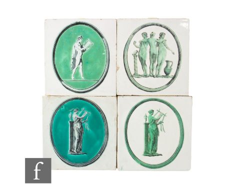 A collection of four 18th Century Liverpool Delft tiles attributed to Sadler &amp; Green, transfer decorated with classical f